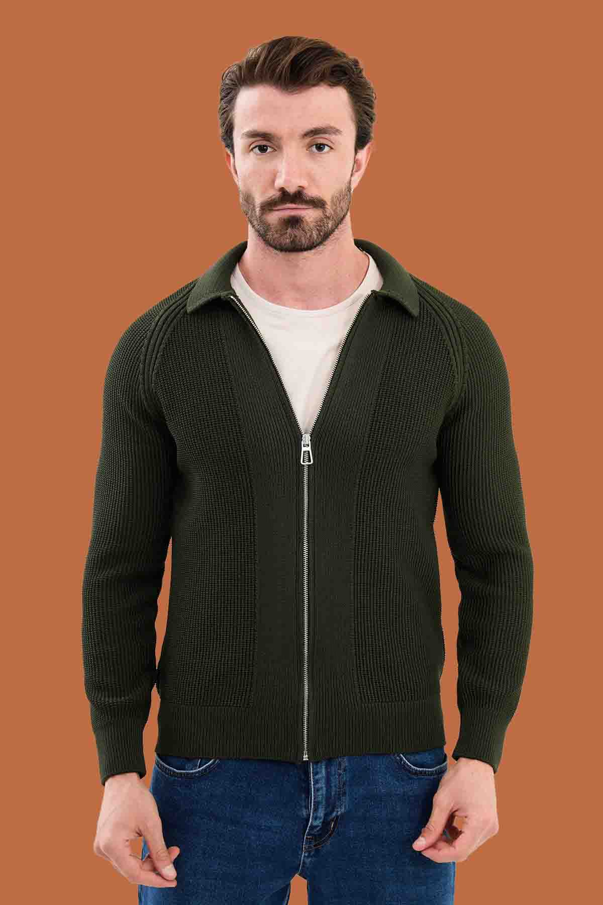 Men's Olive Green Slim Knit Full-Zip Sweater S-XXL