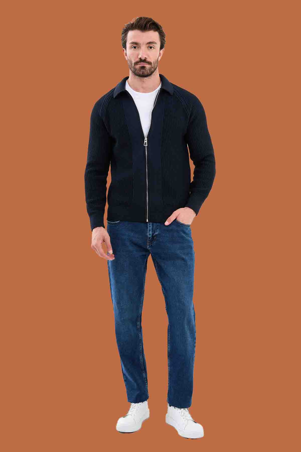 Men's Navy Slim Fit Full-Zip Knitwear Sweater S-XXL