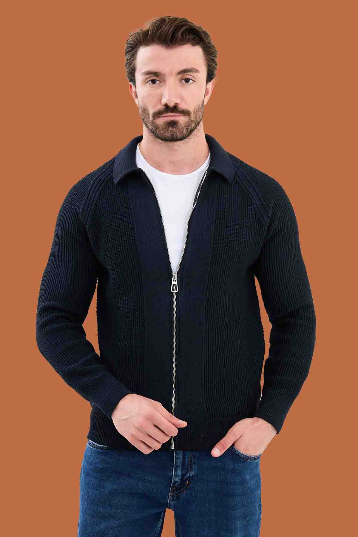 Men's Navy Slim Fit Full-Zip Knitwear Sweater S-XXL