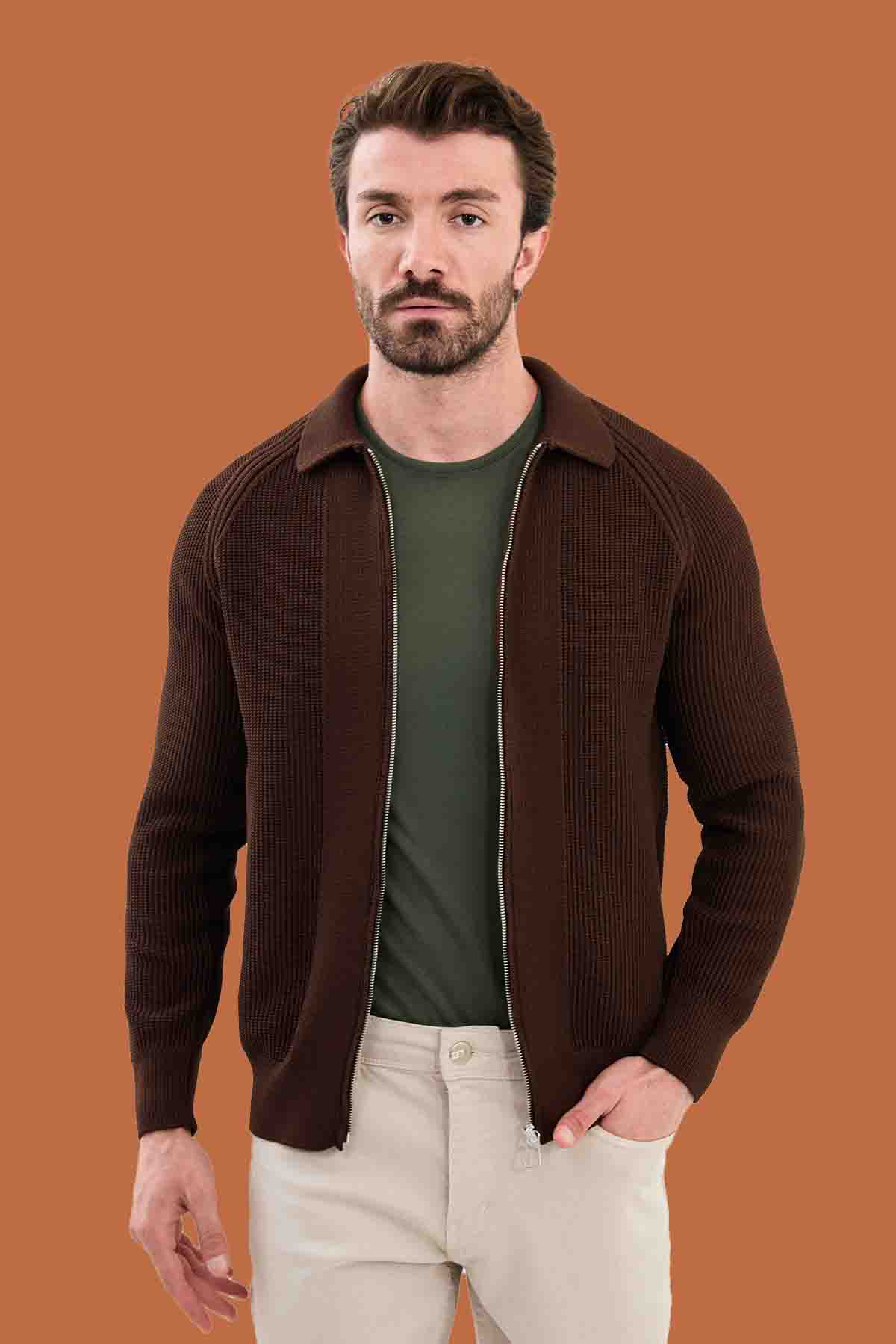 Men's Brown Slim Fit Knitwear Sweater Full-Zip S-XXL