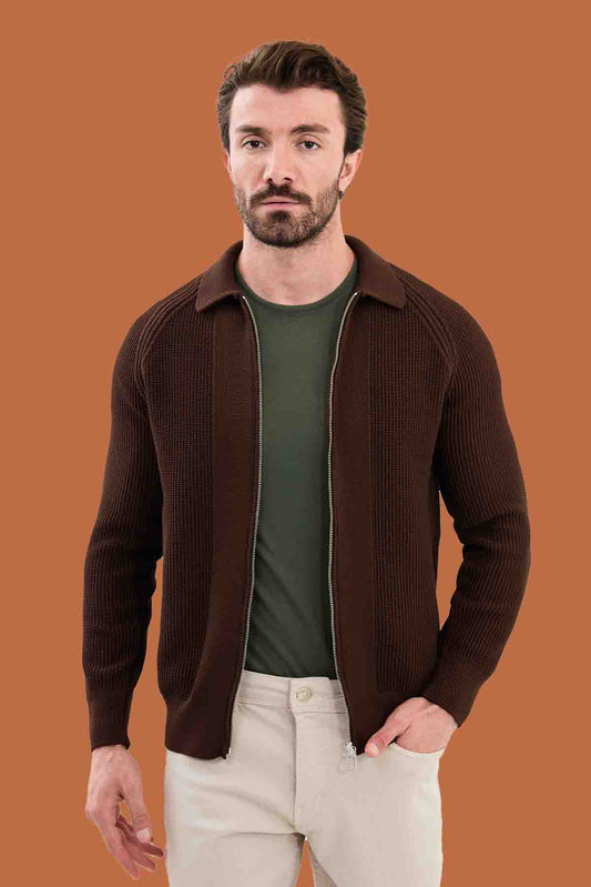 Men's Brown Slim Fit Knitwear Sweater Full-Zip S-XXL