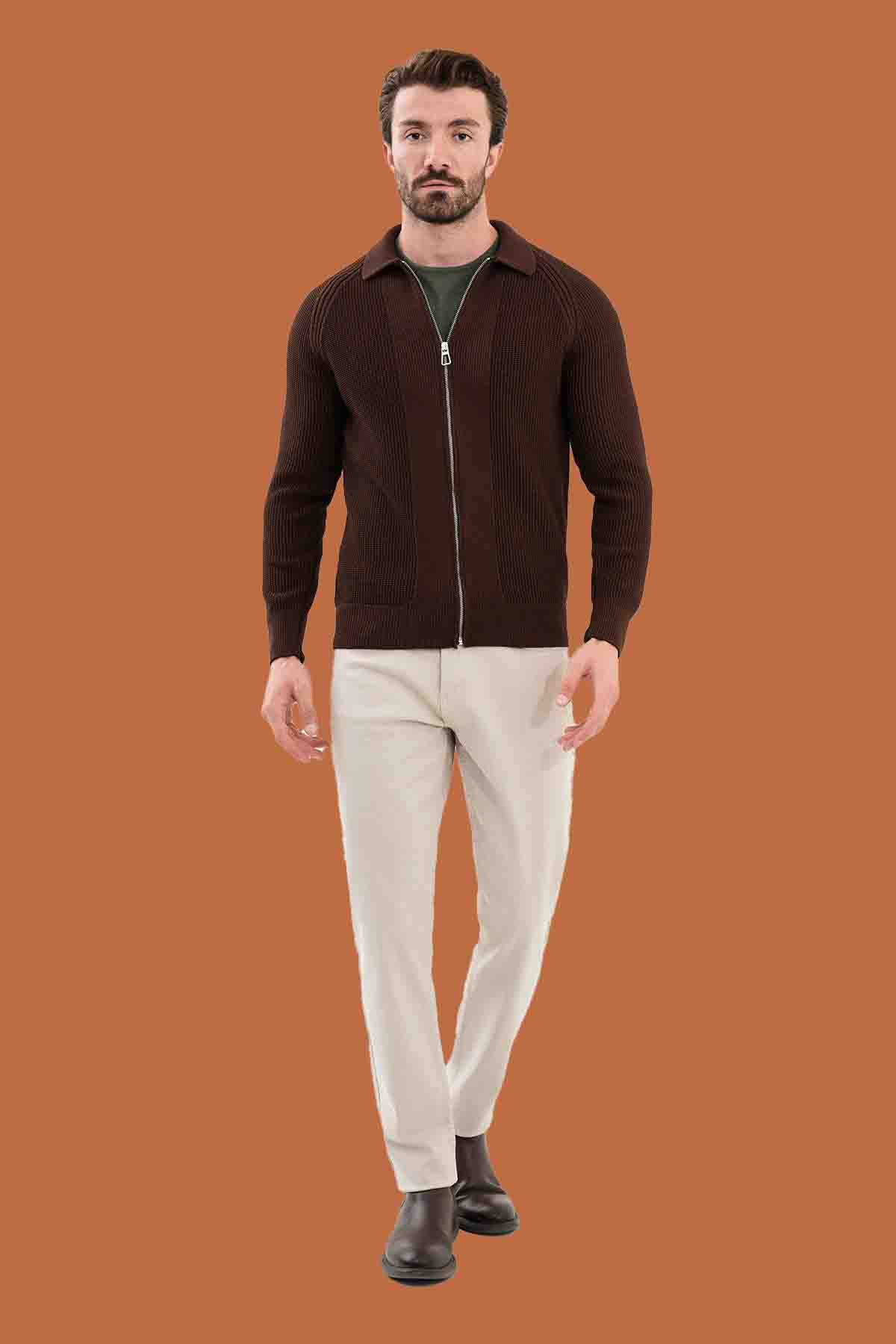 Men's Brown Slim Fit Knitwear Sweater Full-Zip S-XXL