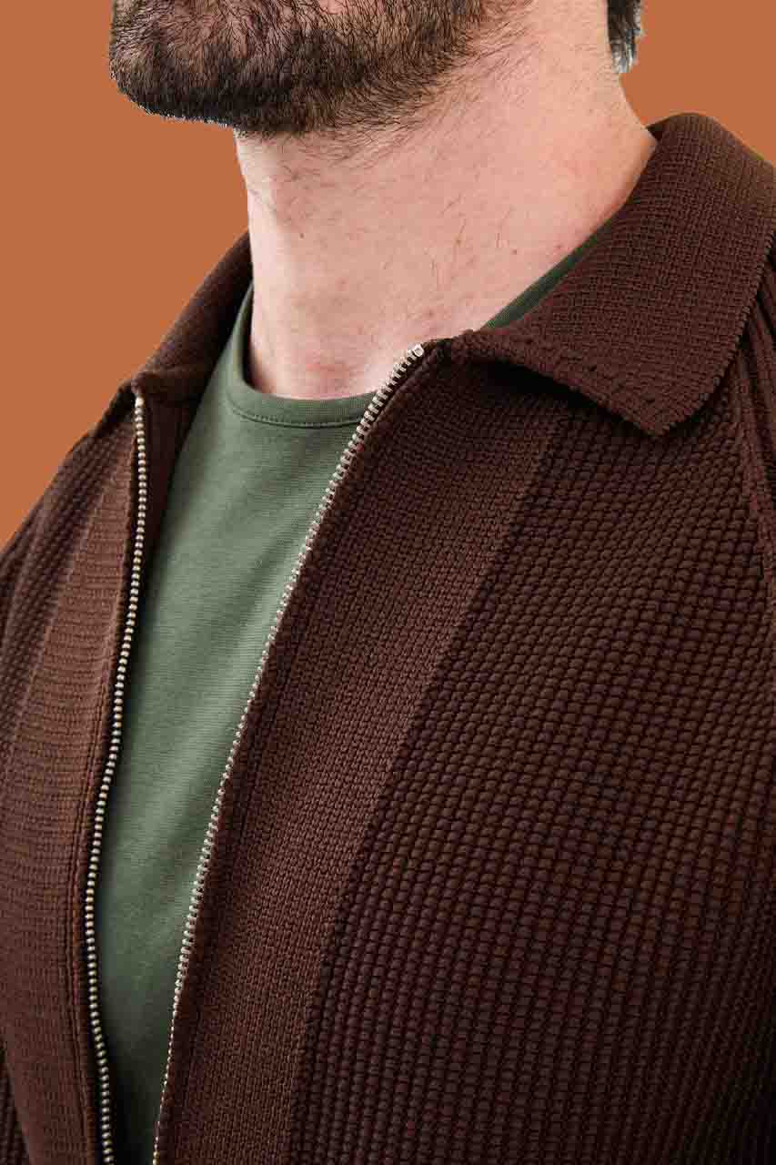 Men's Brown Slim Fit Knitwear Sweater Full-Zip S-XXL