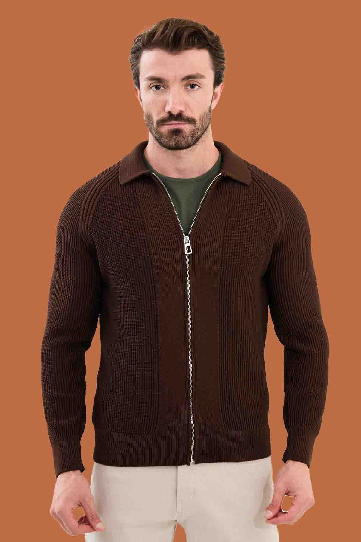 Men's Brown Slim Fit Knitwear Sweater Full-Zip S-XXL