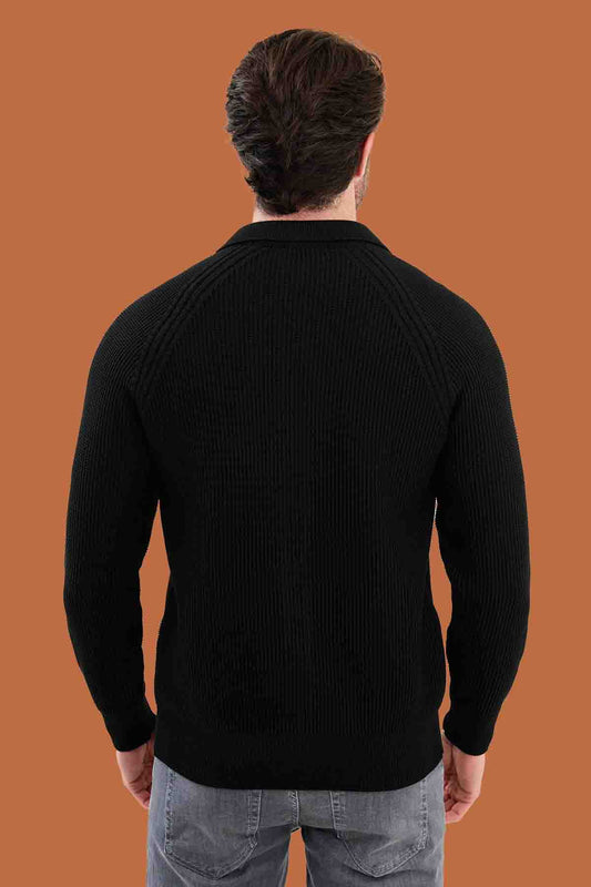 Men's Black Slim Fit Full-Zip Knit Cardigan Sweater