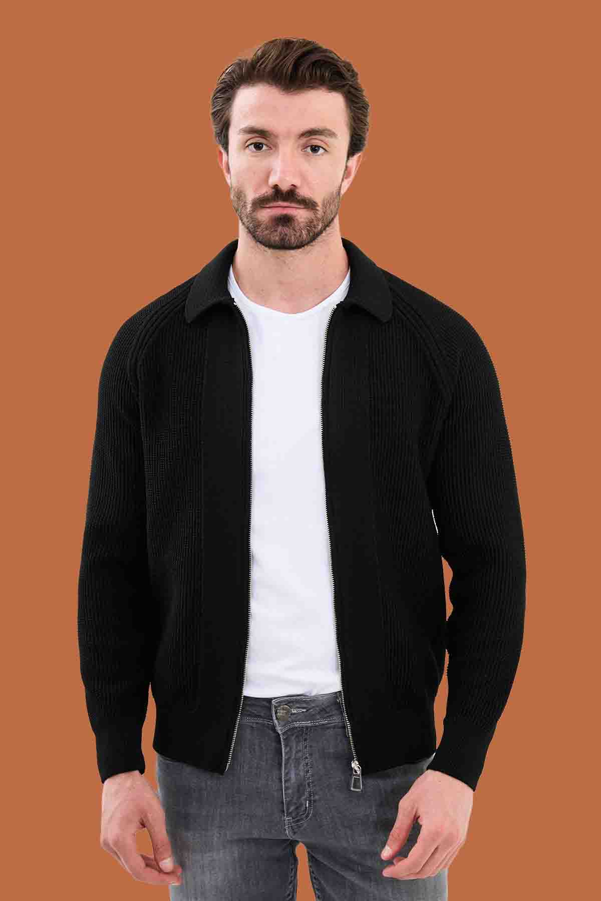Men's Black Slim Fit Full-Zip Knit Cardigan Sweater