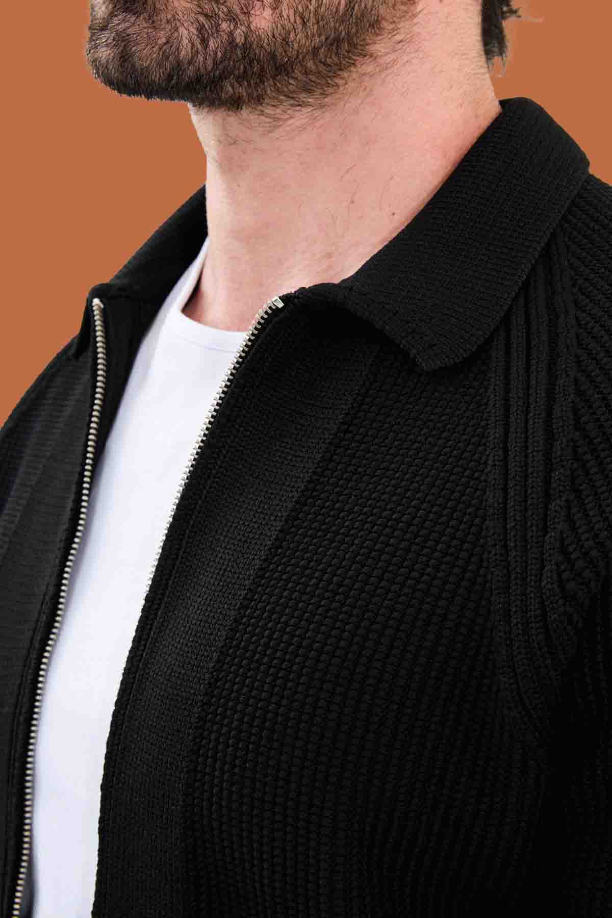 Men's Black Slim Fit Full-Zip Knit Cardigan Sweater
