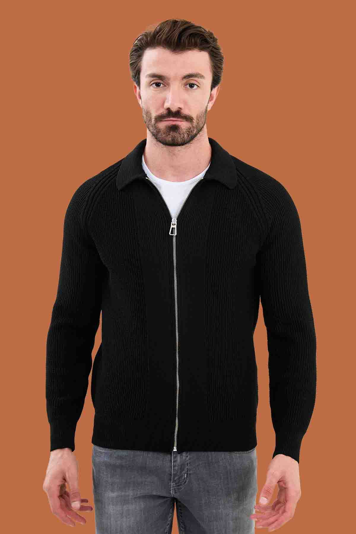 Men's Black Slim Fit Full-Zip Knit Cardigan Sweater