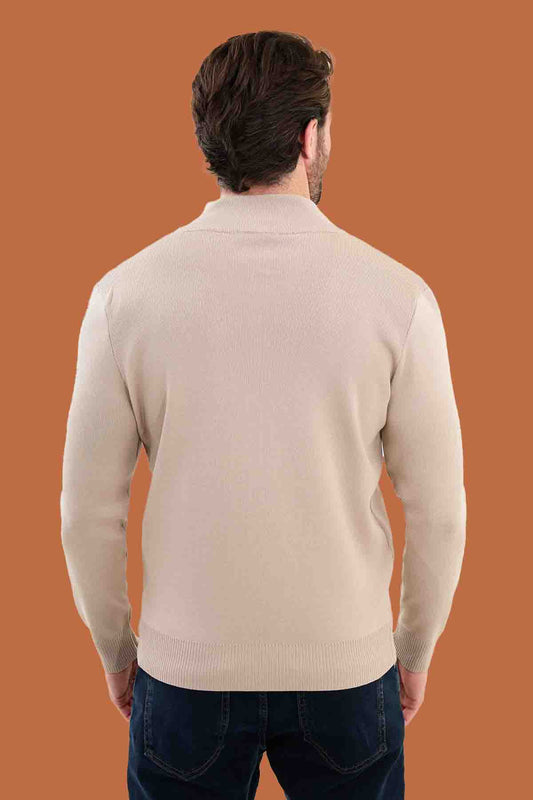 Men's Beige Slim Knit Full-Zip Sweater S-XXL Stand Collar