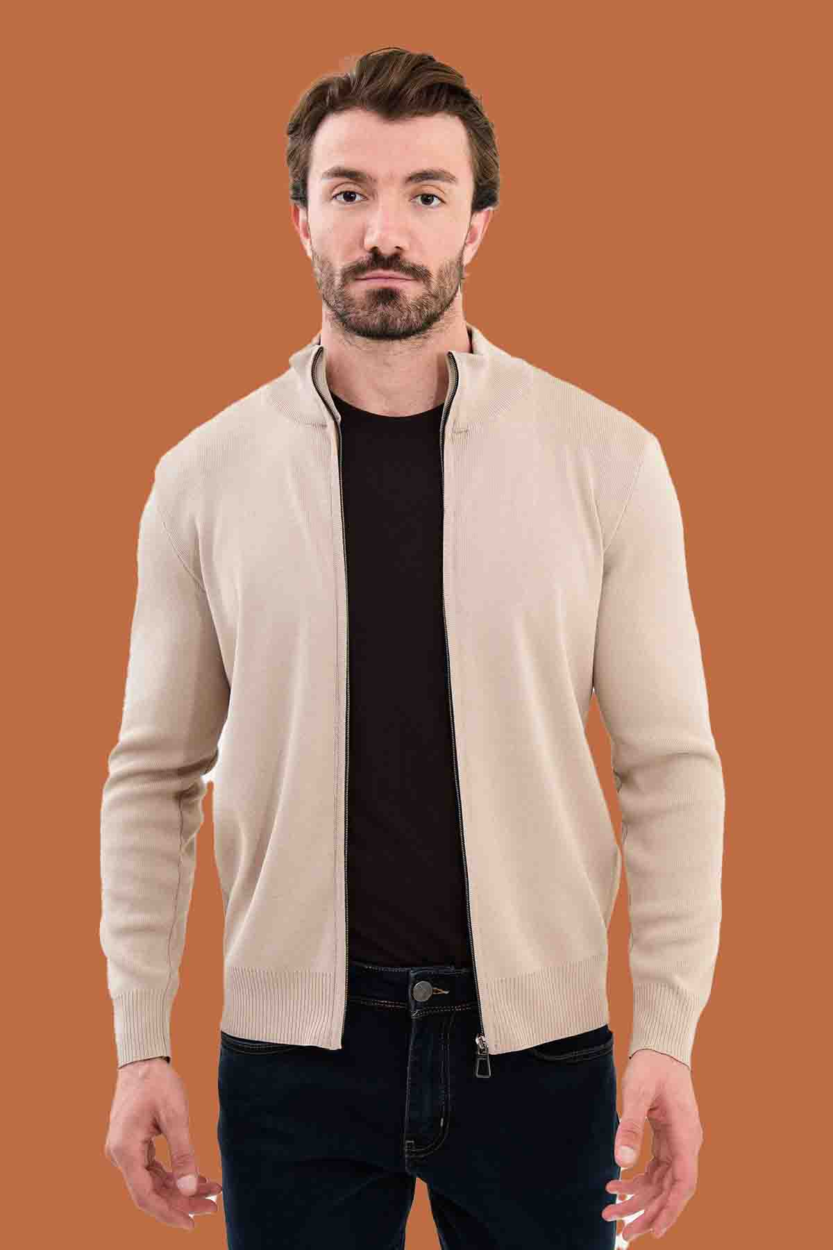 Men's Beige Slim Knit Full-Zip Sweater S-XXL Stand Collar