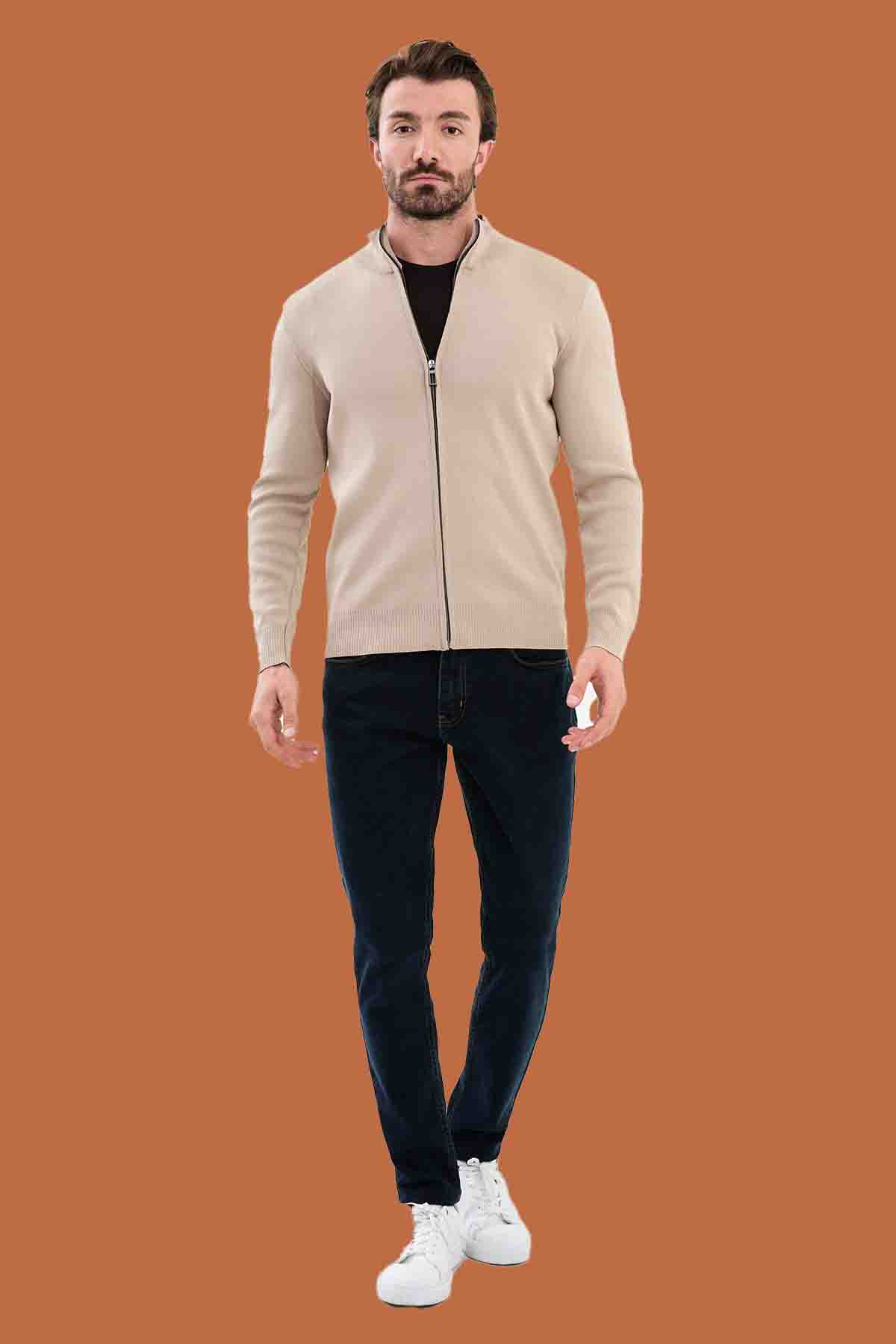 Men's Beige Slim Knit Full-Zip Sweater S-XXL Stand Collar