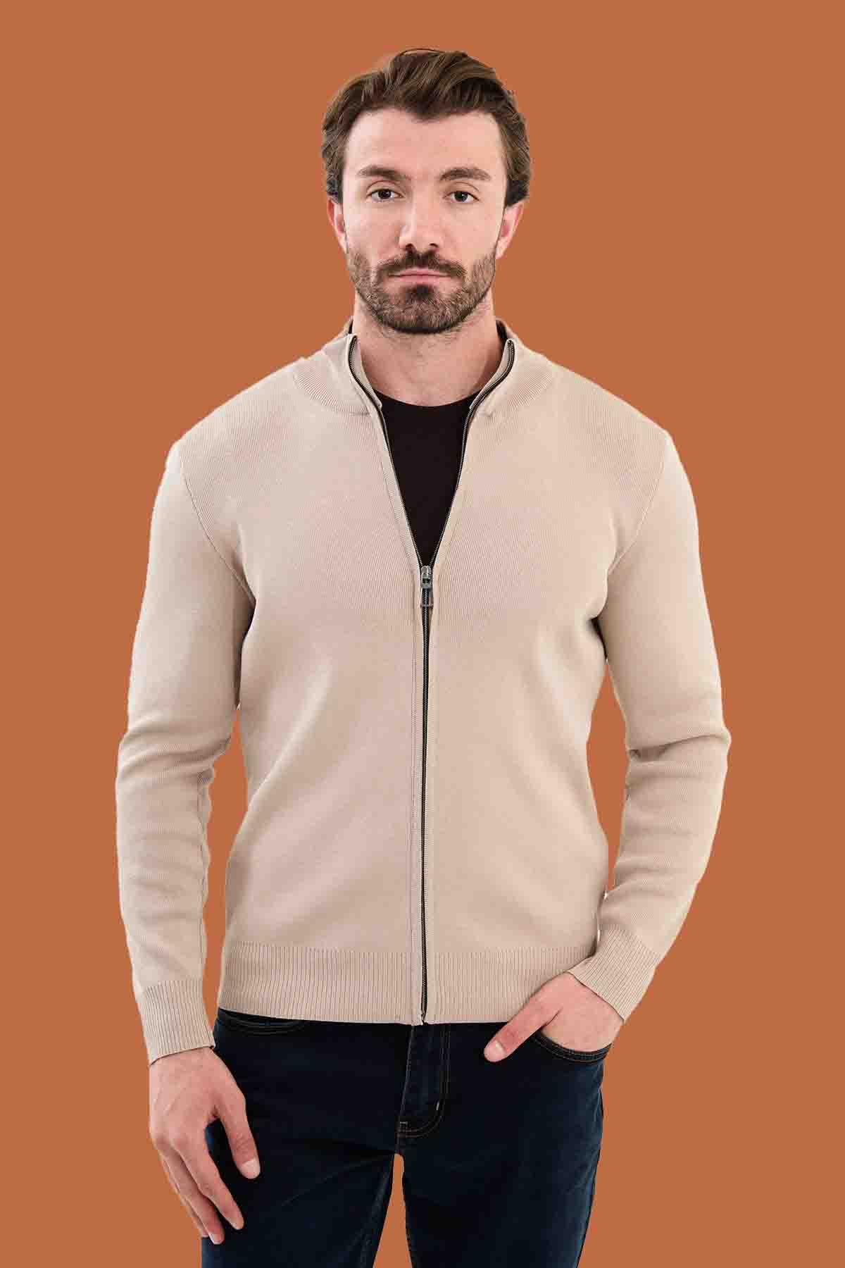 Men's Beige Slim Knit Full-Zip Sweater S-XXL Stand Collar