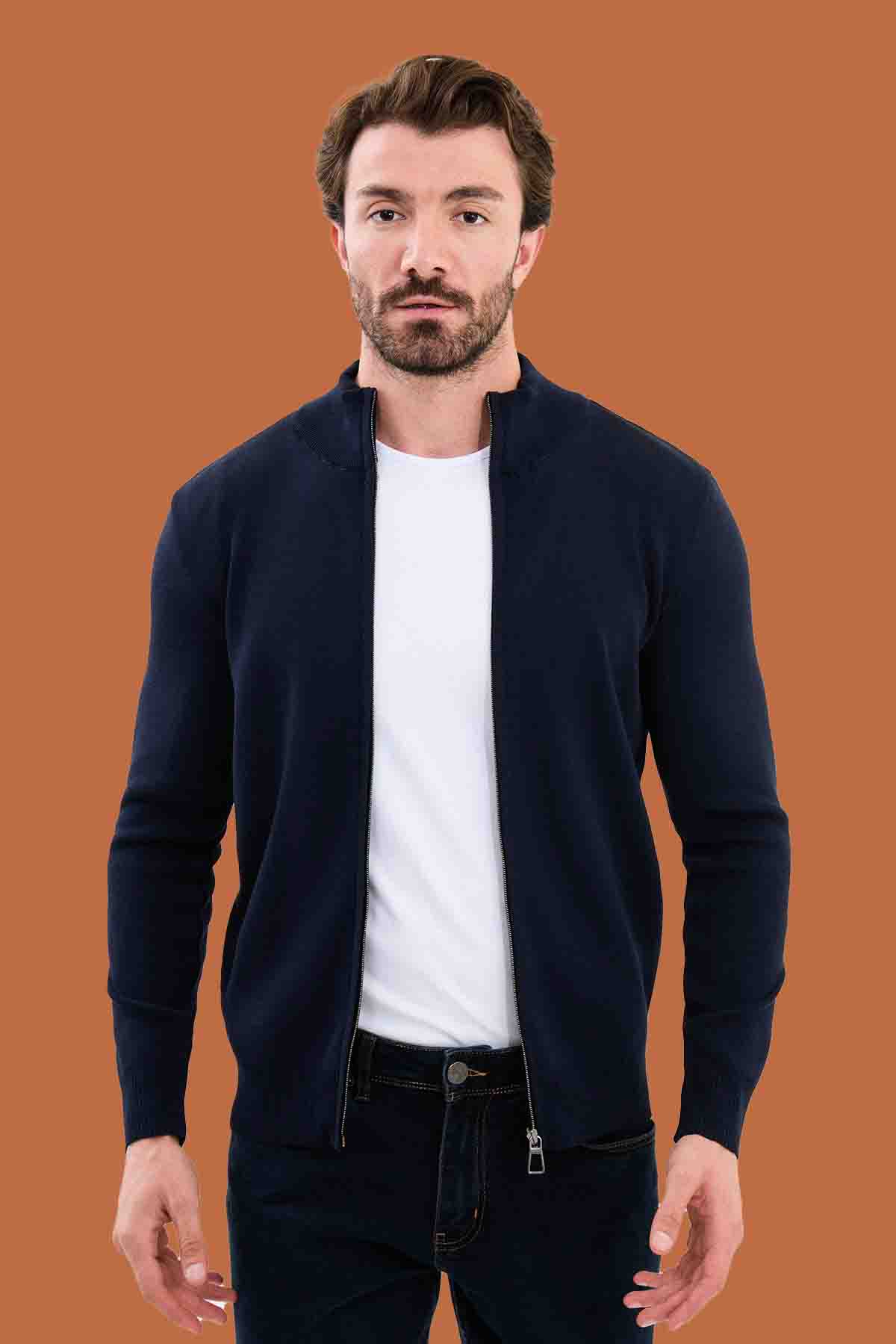 Slim Fit Navy Blue Knit Full-Zip Mock Neck Cardigan