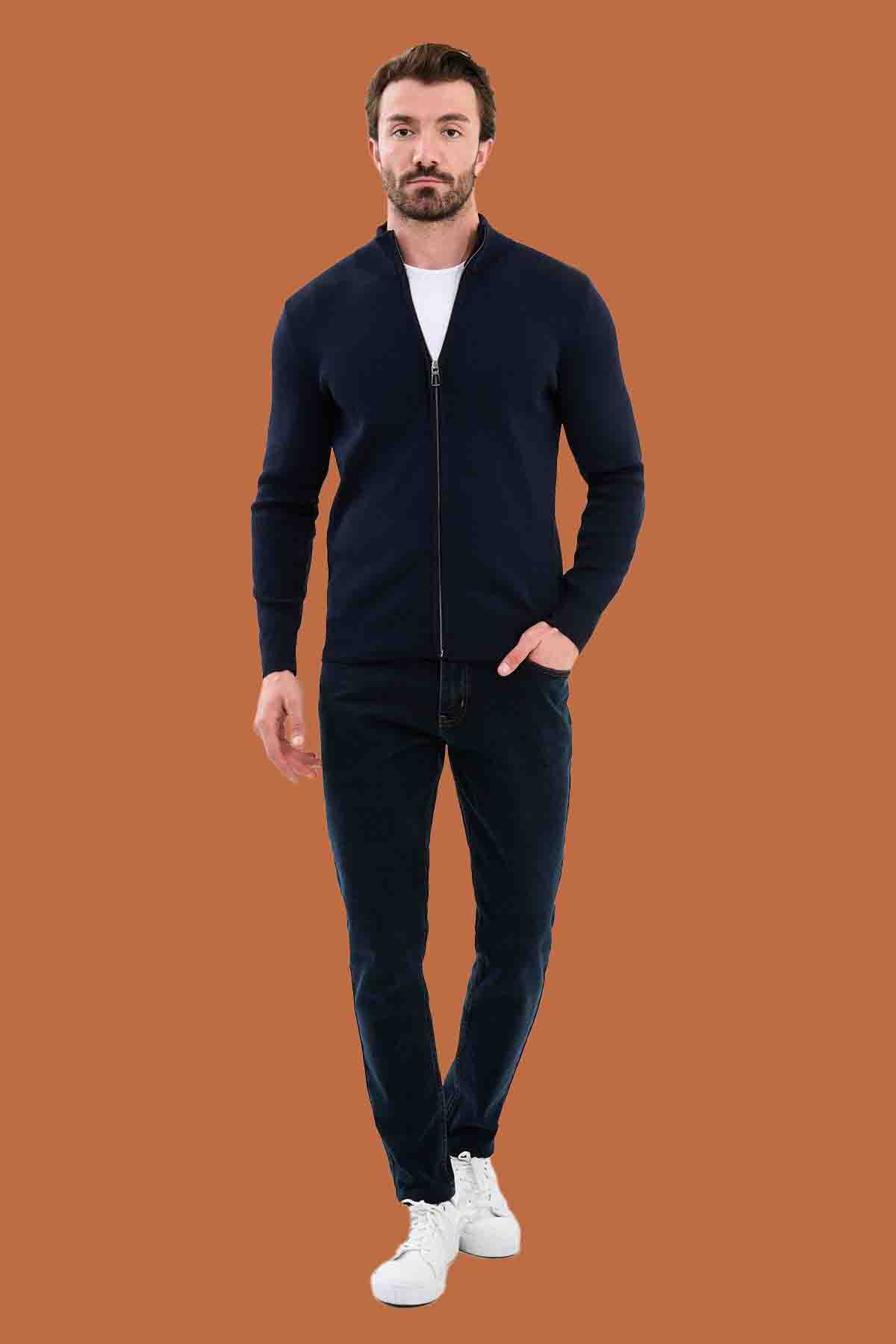Slim Fit Navy Blue Knit Full-Zip Mock Neck Cardigan