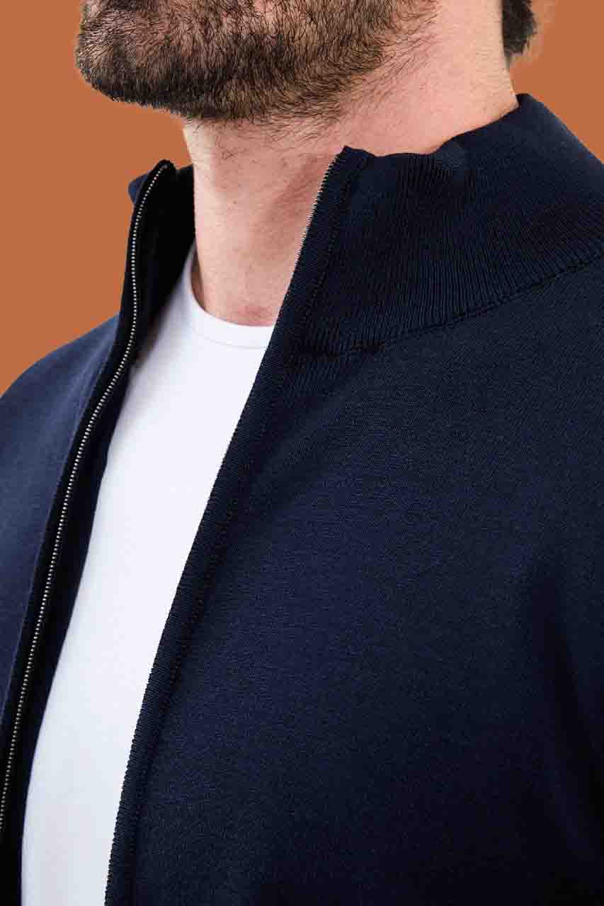Slim Fit Navy Blue Knit Full-Zip Mock Neck Cardigan