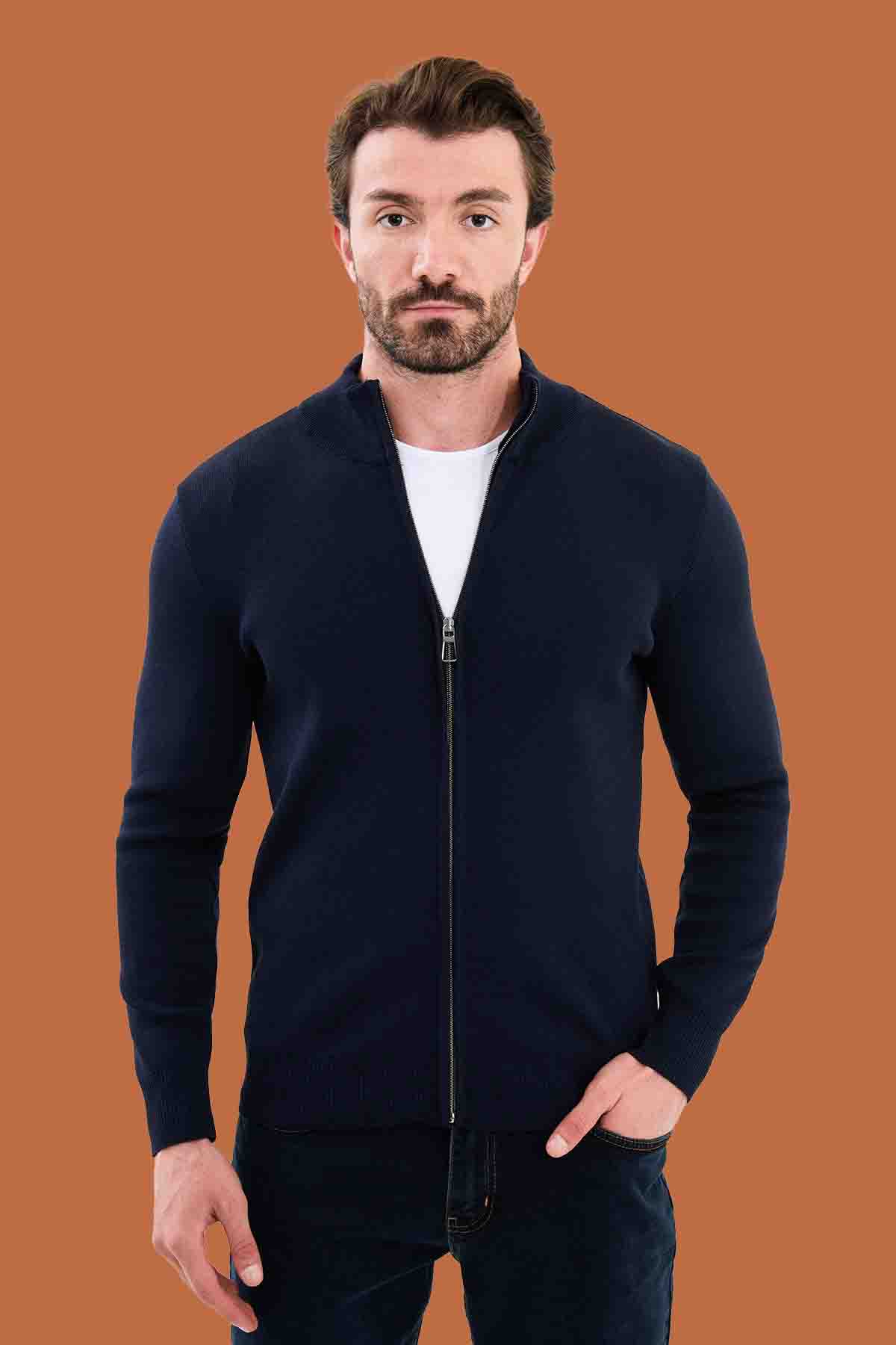 Slim Fit Navy Blue Knit Full-Zip Mock Neck Cardigan