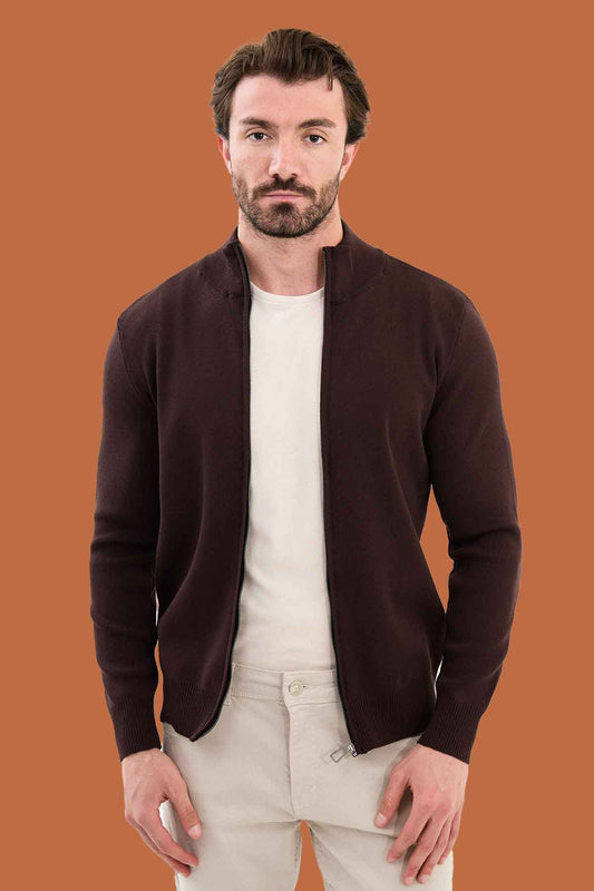 Men's Slim Fit Brown Knit Full-Zip Mock Neck Sweater