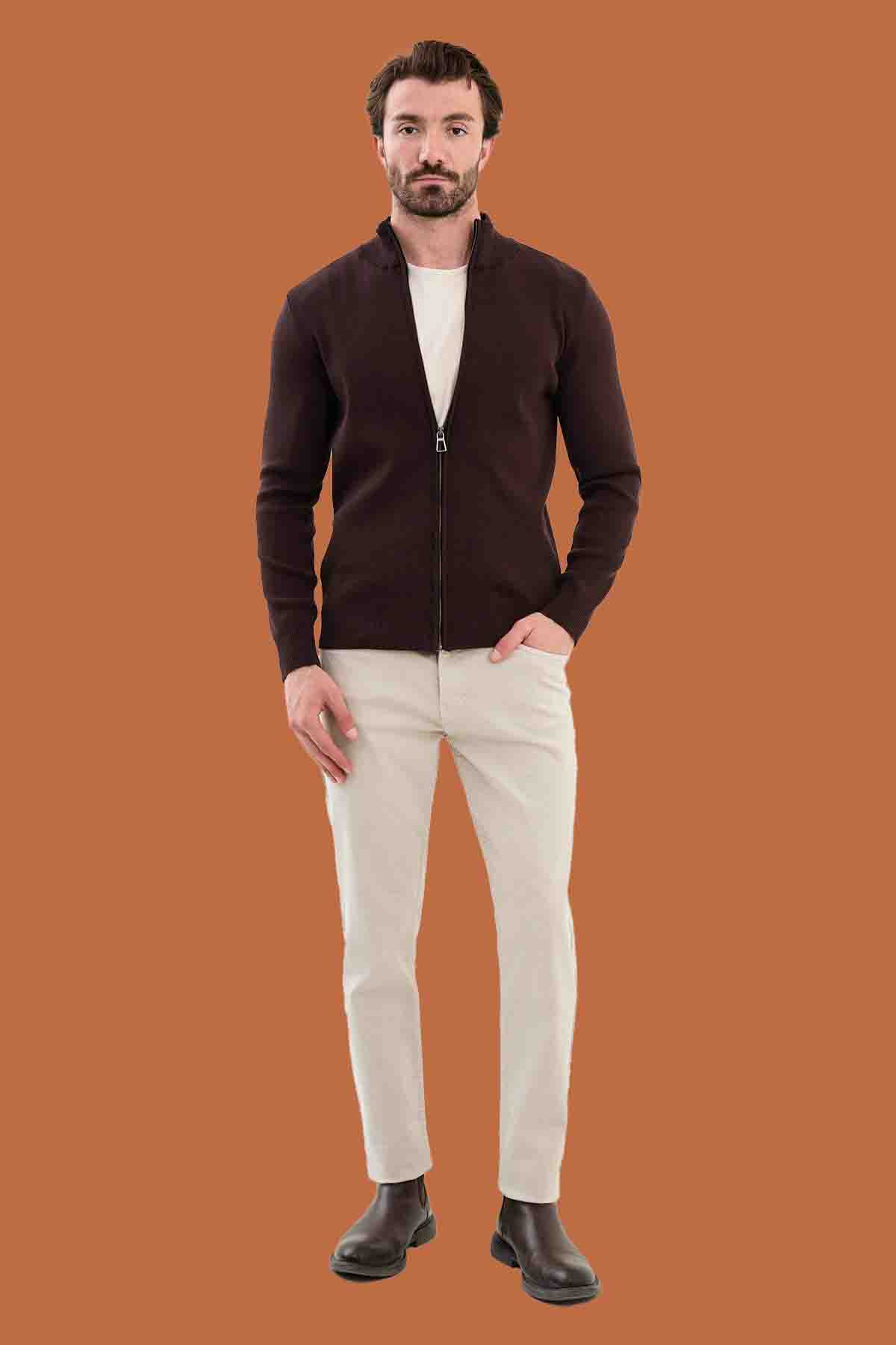 Men's Slim Fit Brown Knit Full-Zip Mock Neck Sweater