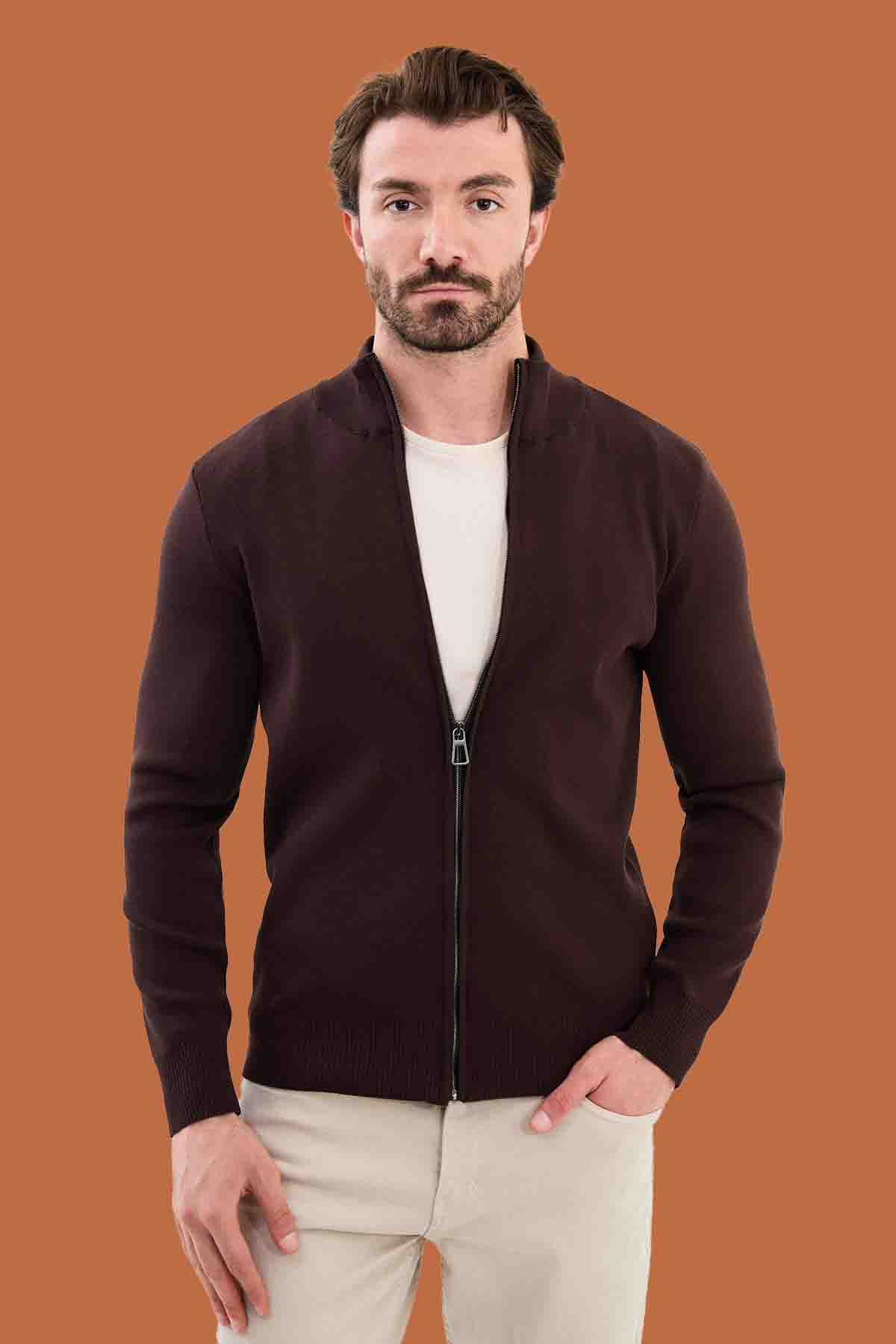 Men's Slim Fit Brown Knit Full-Zip Mock Neck Sweater
