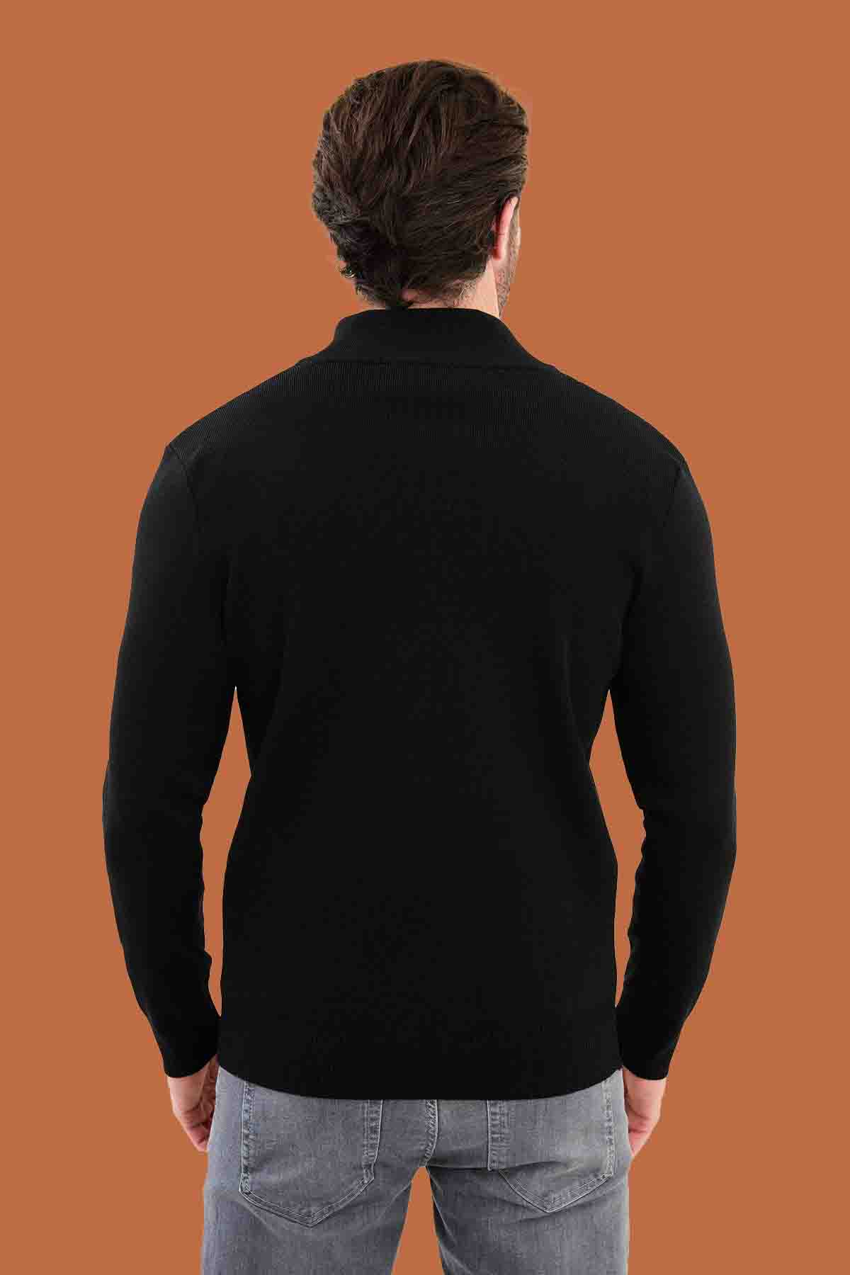 Black Slim Fit Knit Full-Zip Mock Neck Cardigan