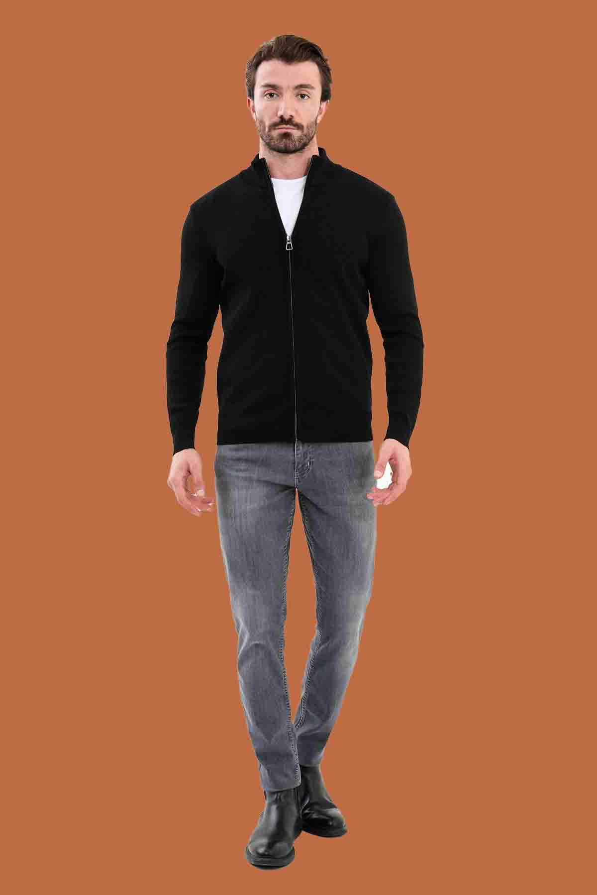 Black Slim Fit Knit Full-Zip Mock Neck Cardigan