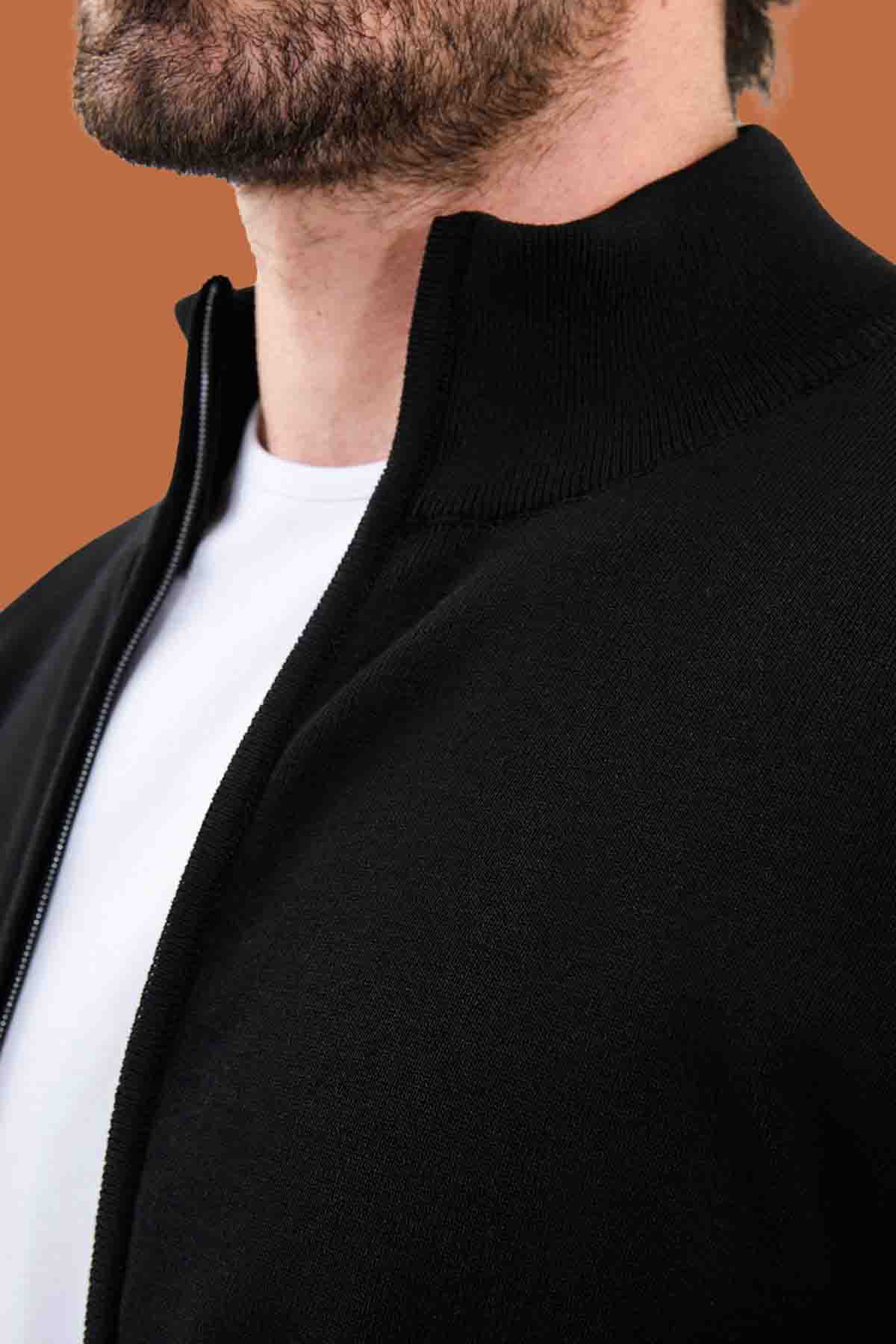 Black Slim Fit Knit Full-Zip Mock Neck Cardigan