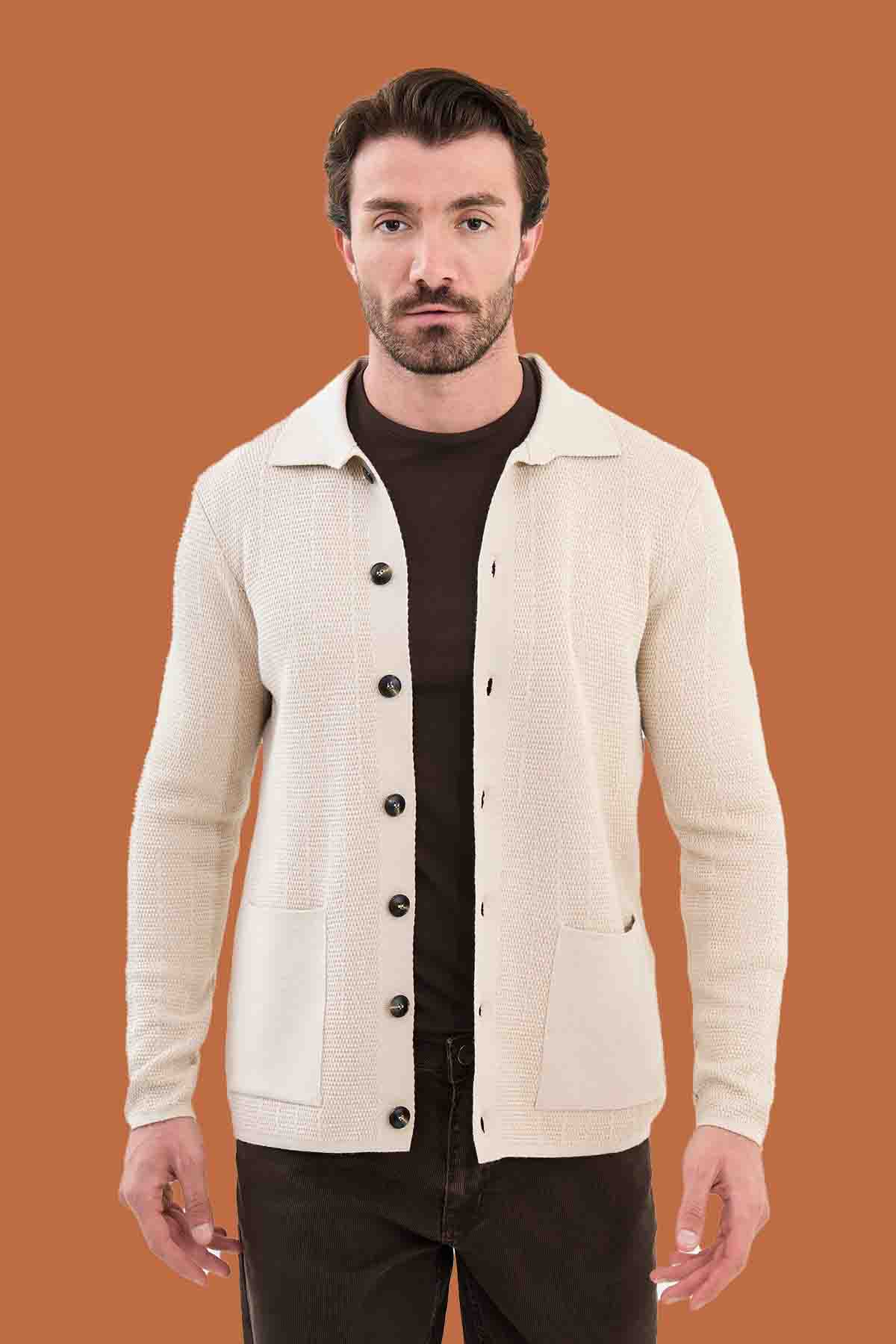 Beige Knit Polo Collar Button Cardigan Sweater