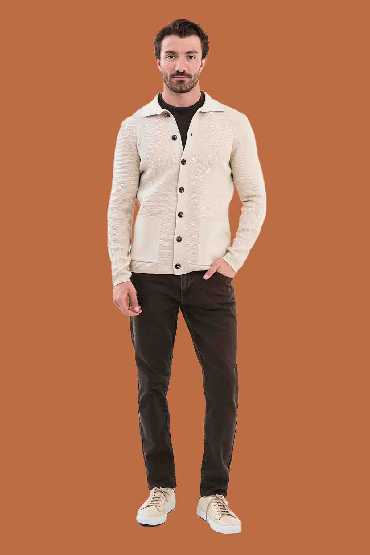 Beige Knit Polo Collar Button Cardigan Sweater