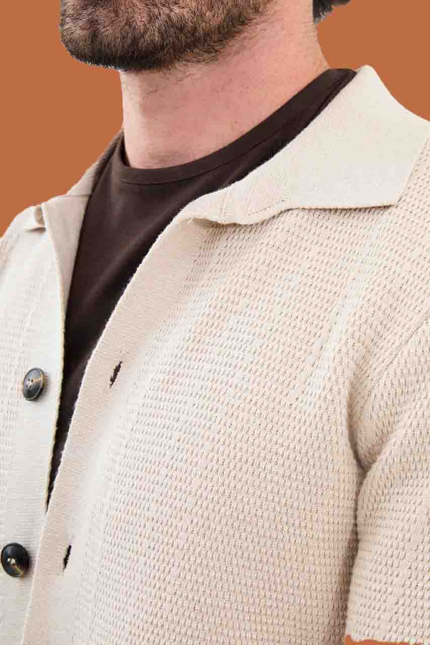 Beige Knit Polo Collar Button Cardigan Sweater