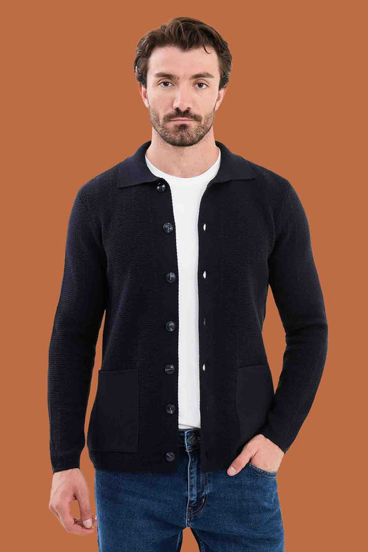 Navy Slim Fit Knit Polo Collar Button Cardigan