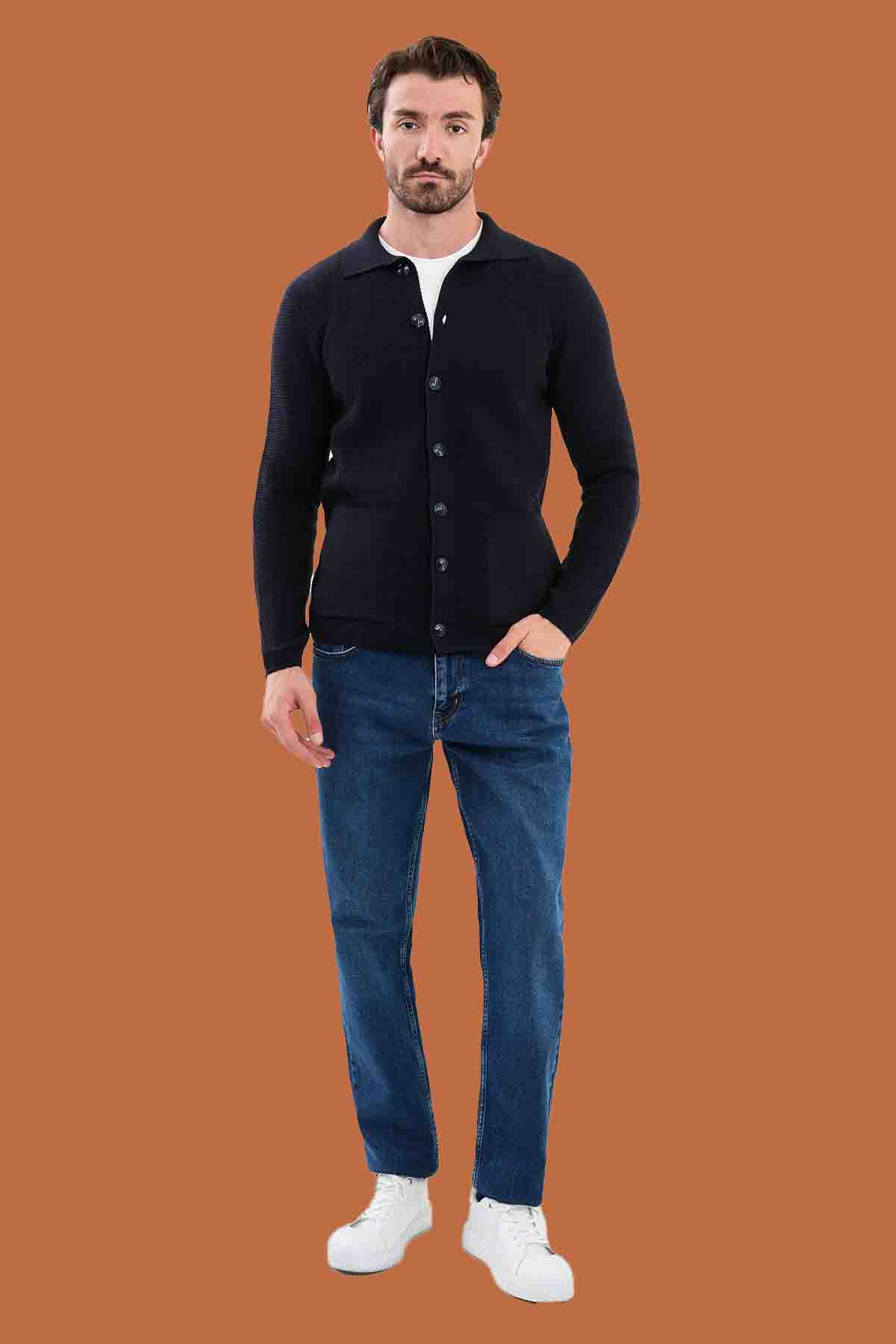 Navy Slim Fit Knit Polo Collar Button Cardigan