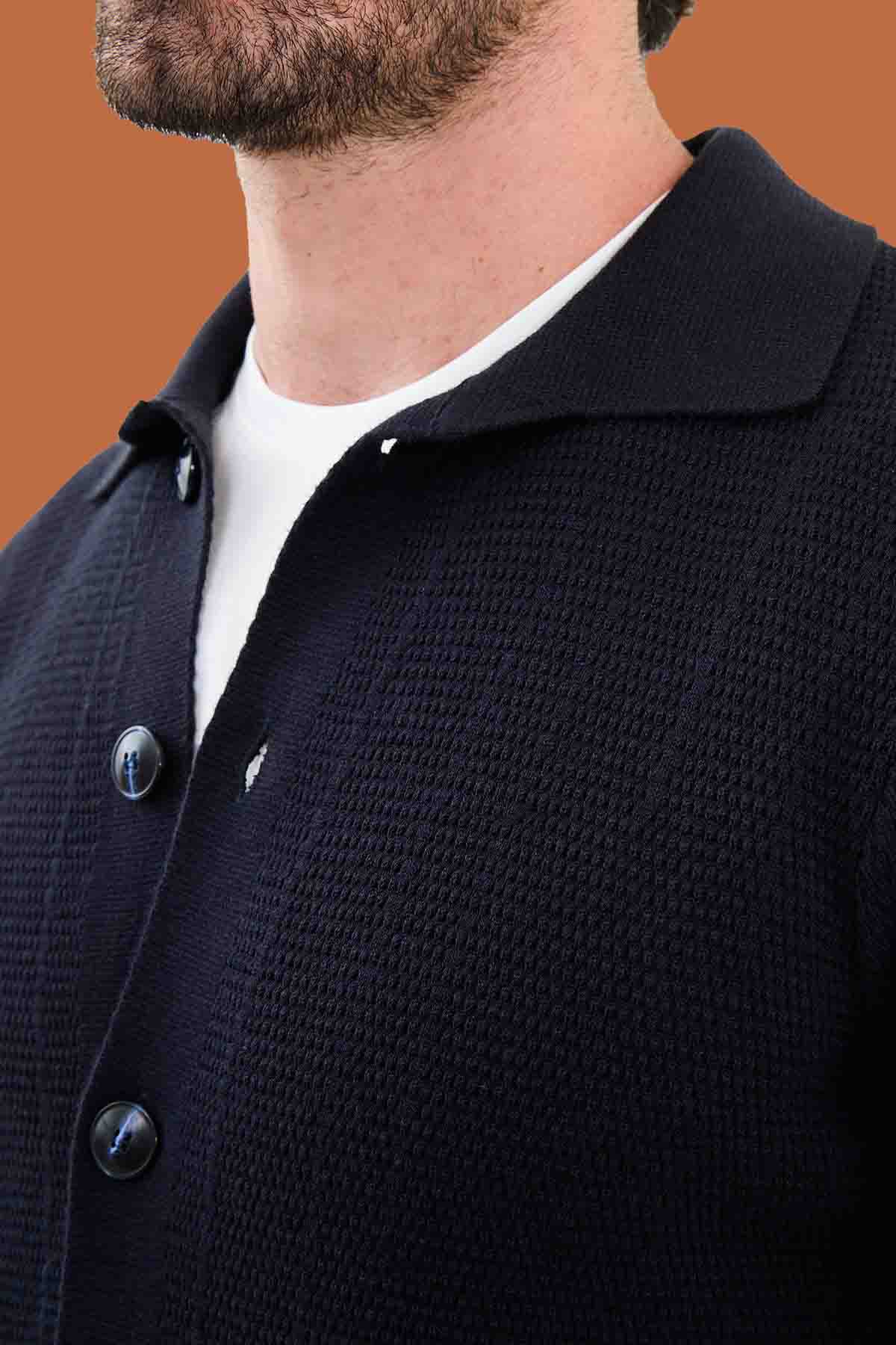 Navy Slim Fit Knit Polo Collar Button Cardigan