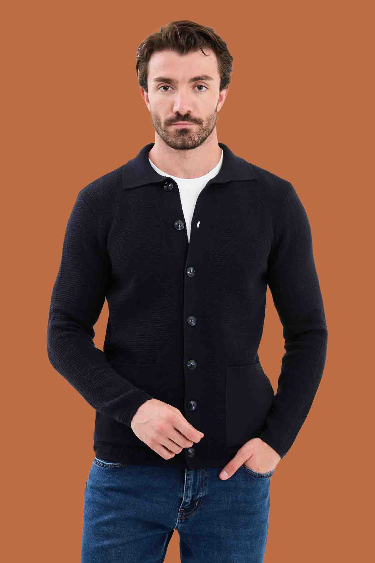 Navy Slim Fit Knit Polo Collar Button Cardigan