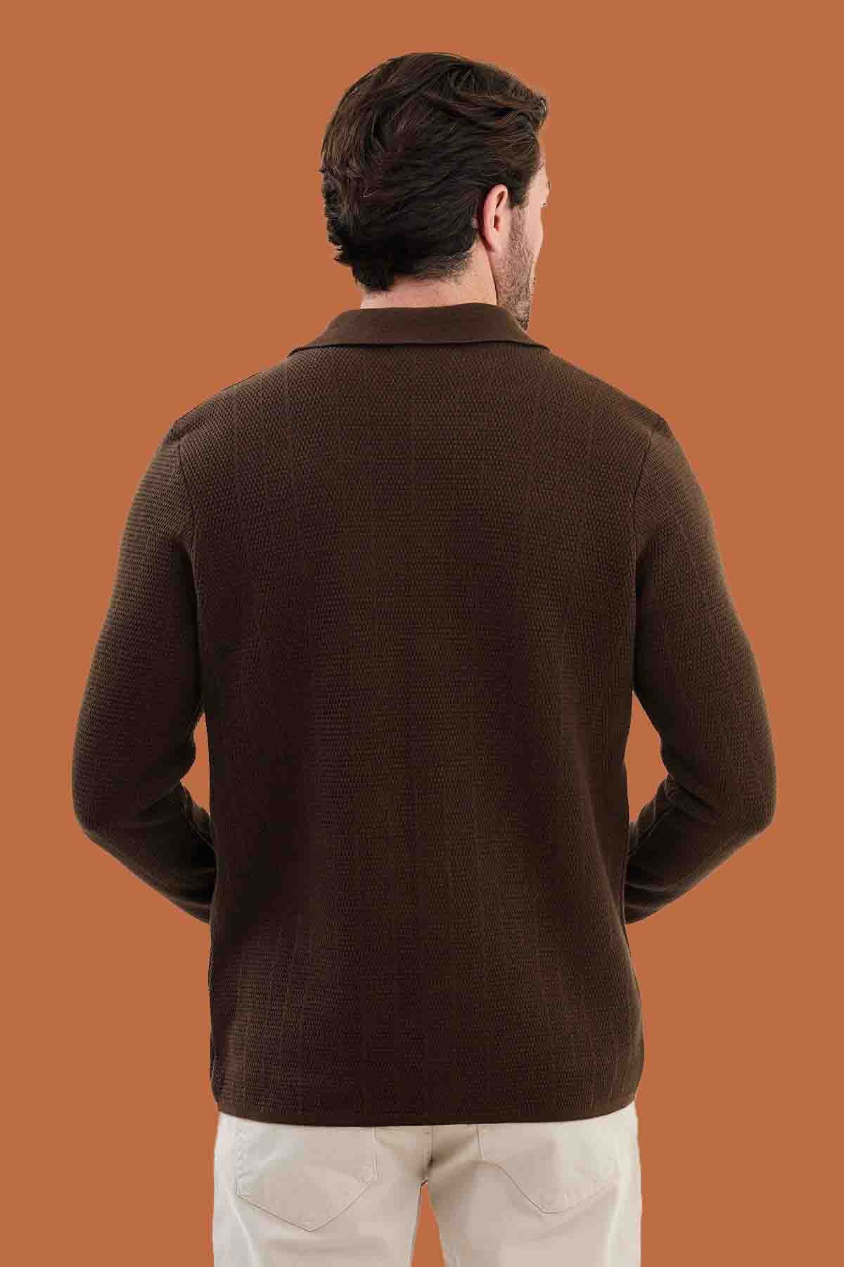 Brown Knit Polo Collar Button Cardigan Slim Fit