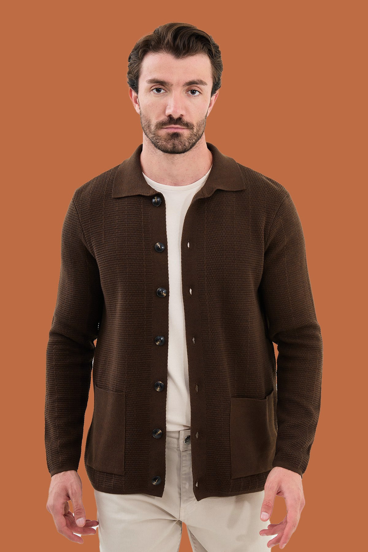 Brown Knit Polo Collar Button Cardigan Slim Fit