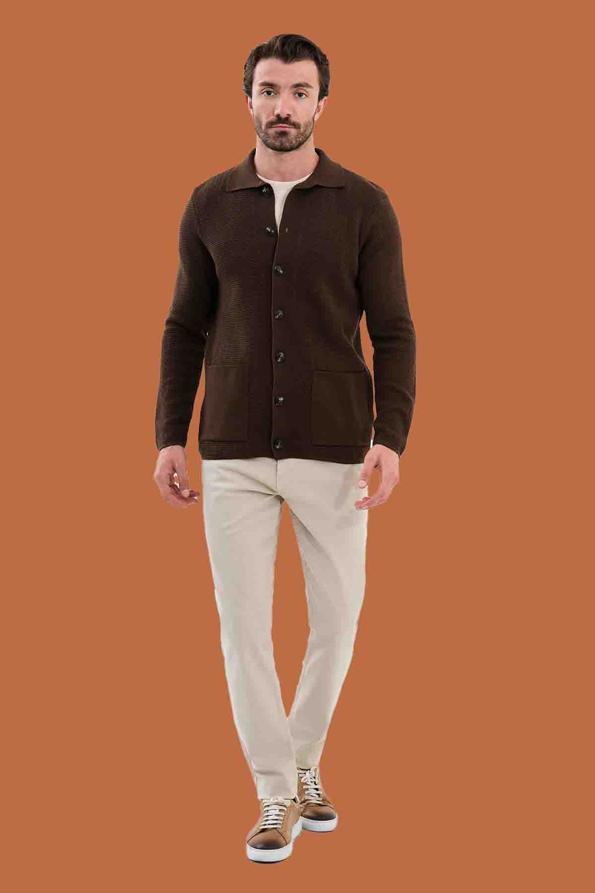 Brown Knit Polo Collar Button Cardigan Slim Fit