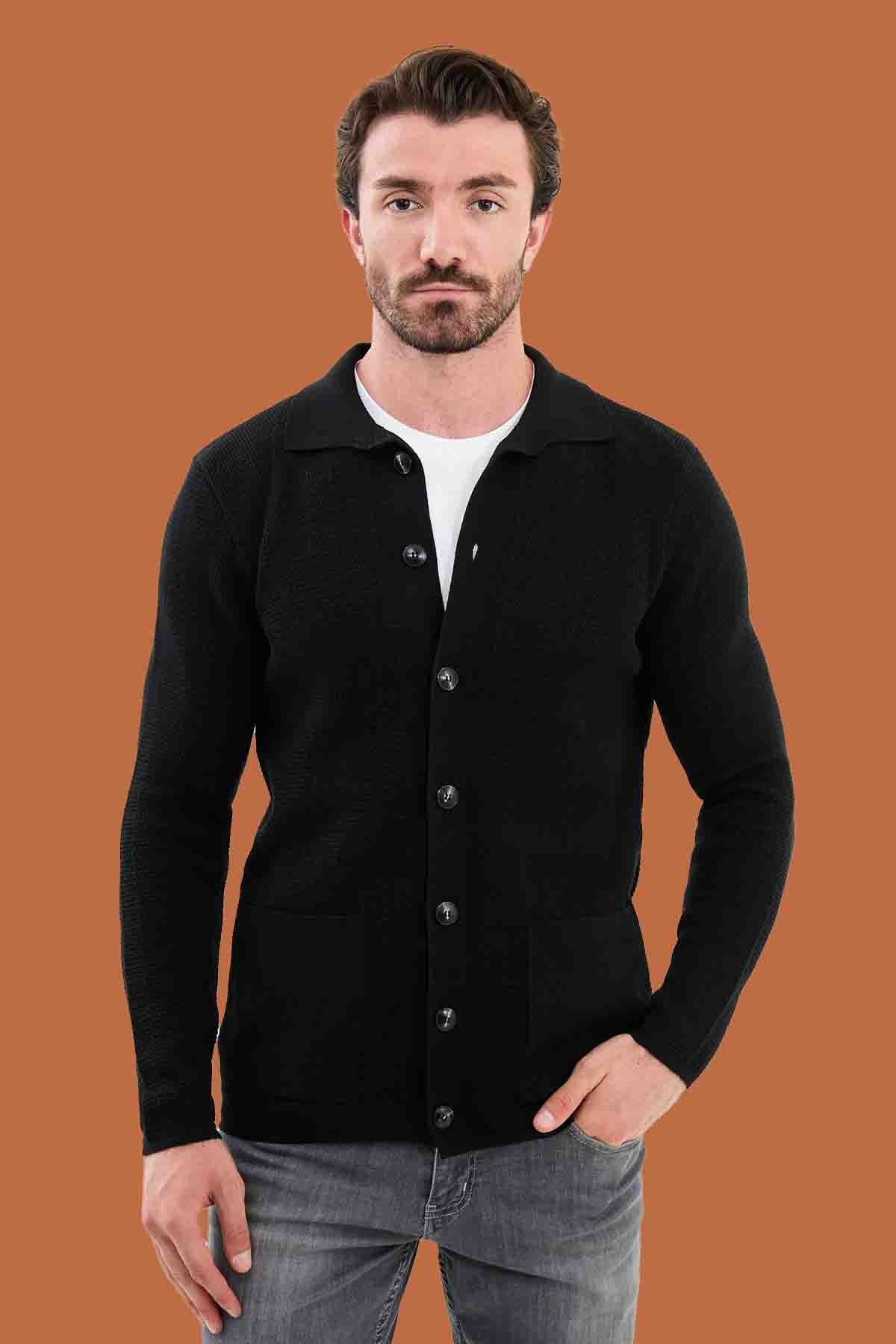 Black Knit Polo Collar Button Cardigan Slim Fit
