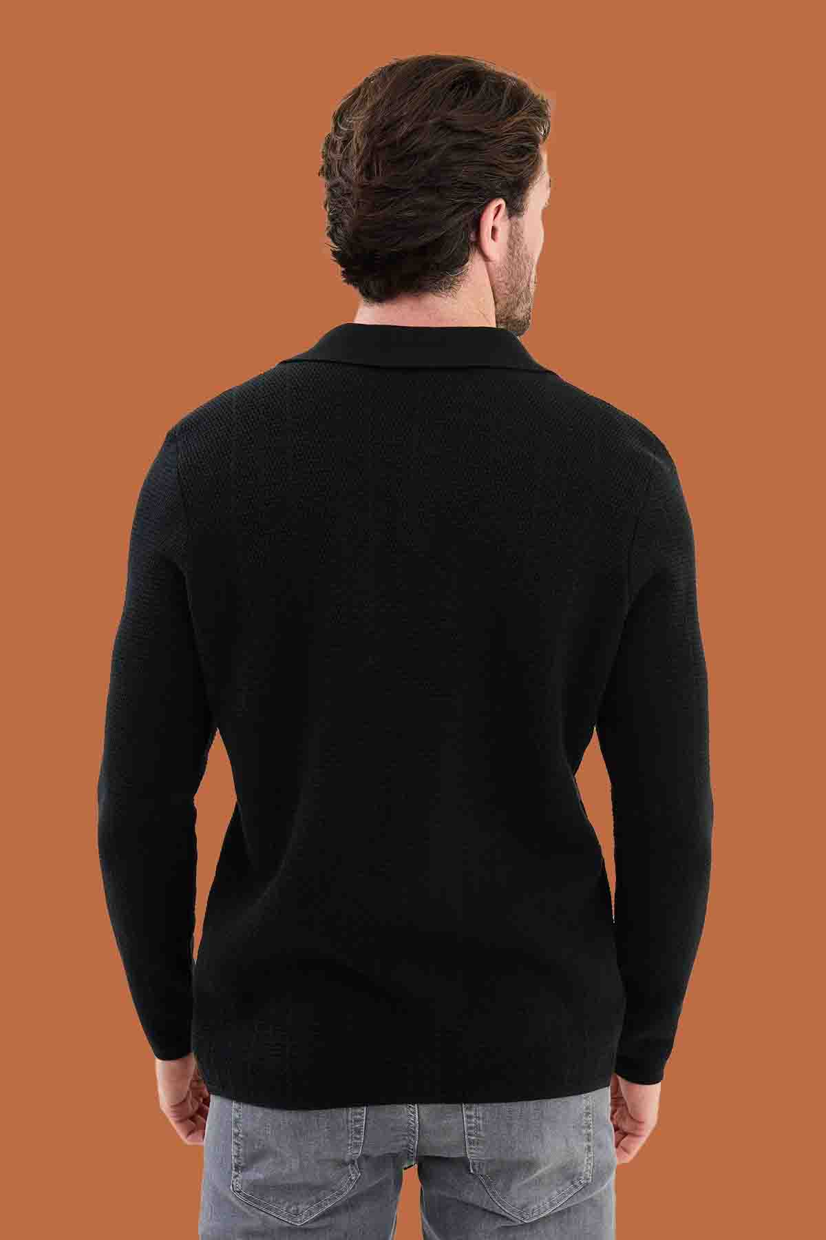 Black Knit Polo Collar Button Cardigan Slim Fit