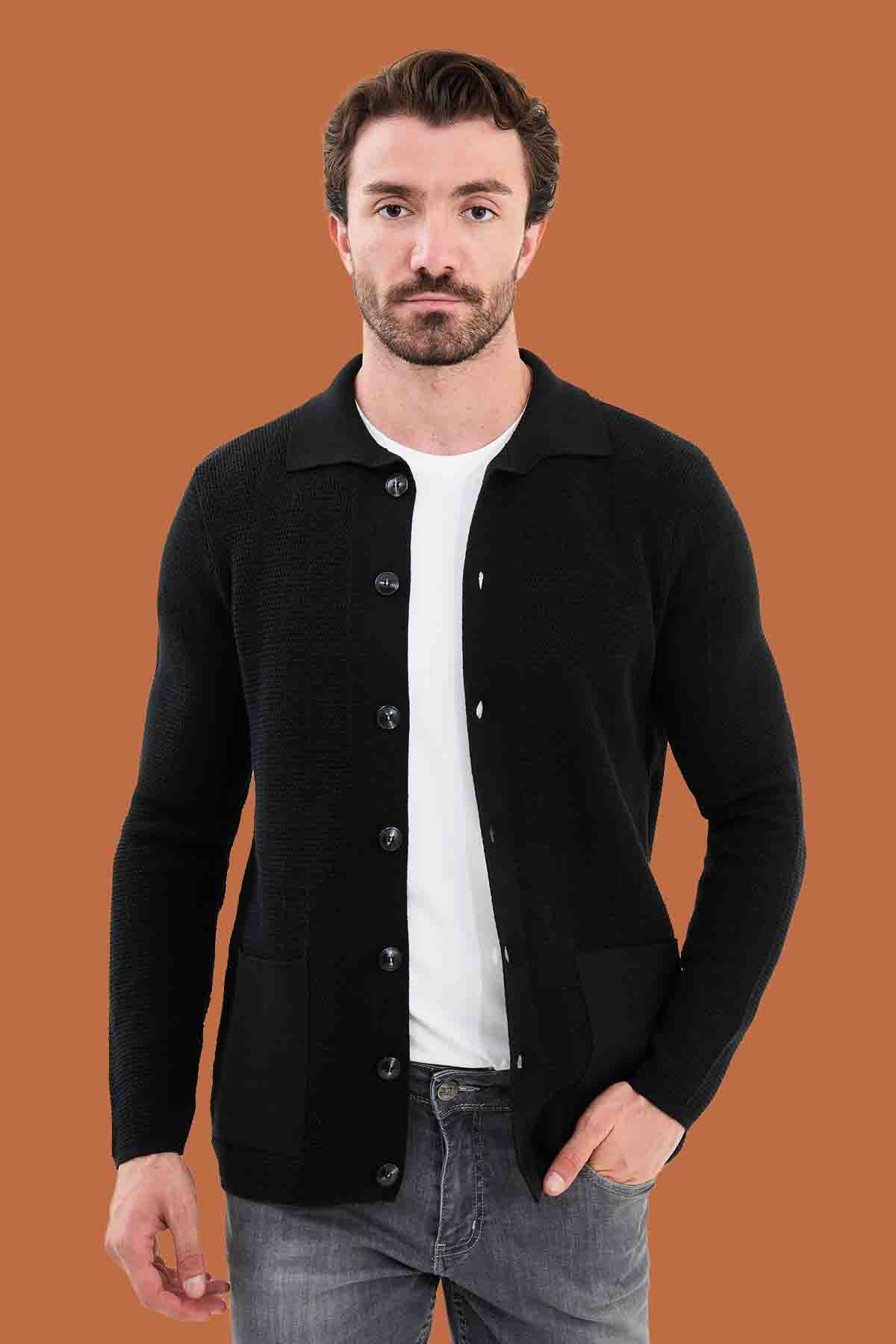 Black Knit Polo Collar Button Cardigan Slim Fit